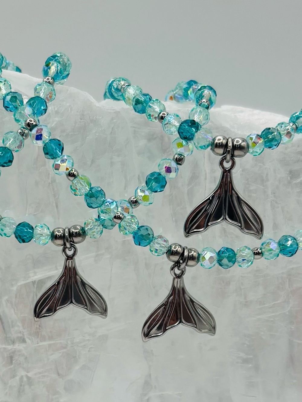 *ANKLET* S. Steel Silver Mermaid Tail & AB Ocean Green Crystal Stretchy Anklet